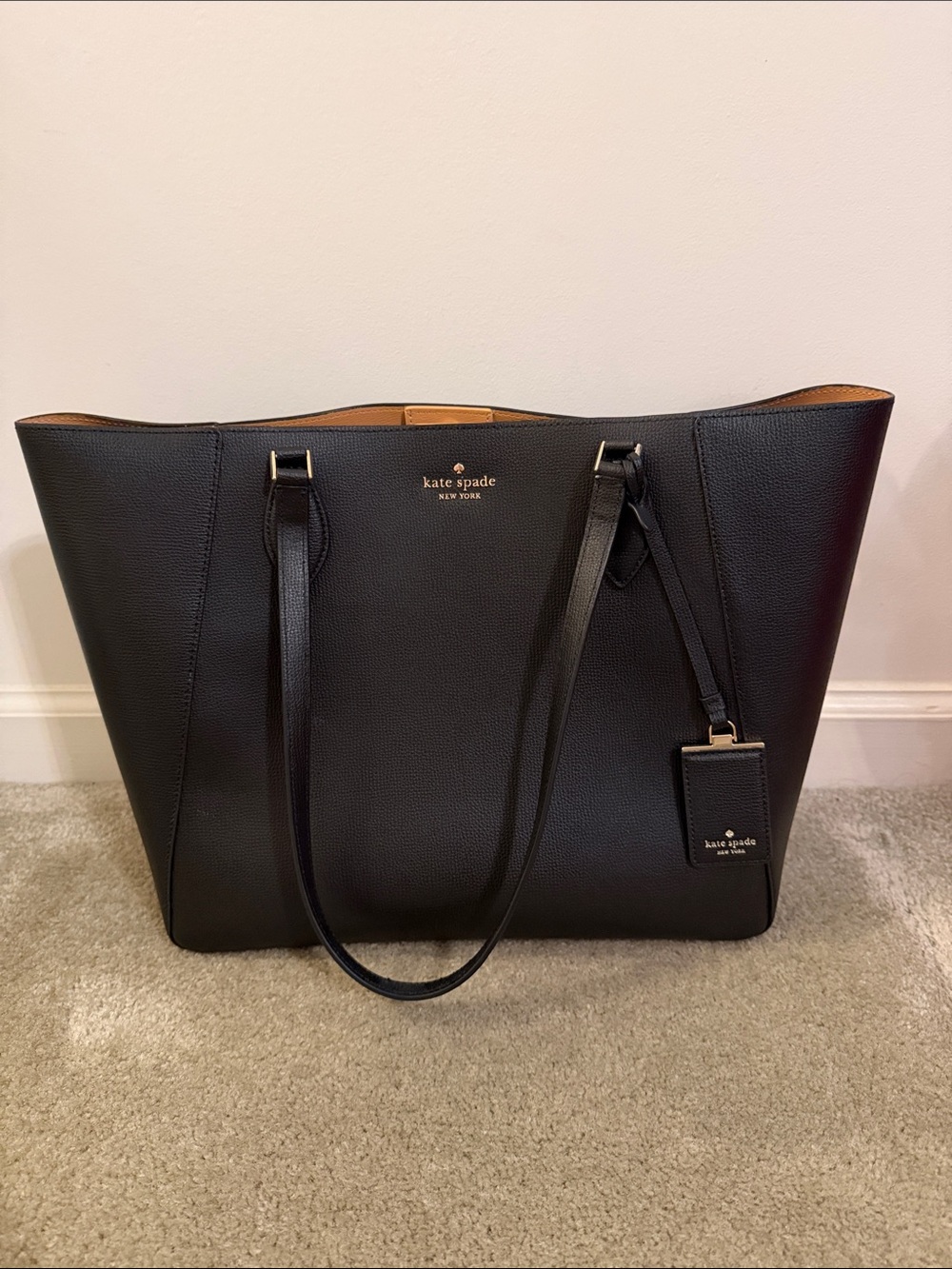 kate spade Black Pebbled Leather Tote with Luggage Tag